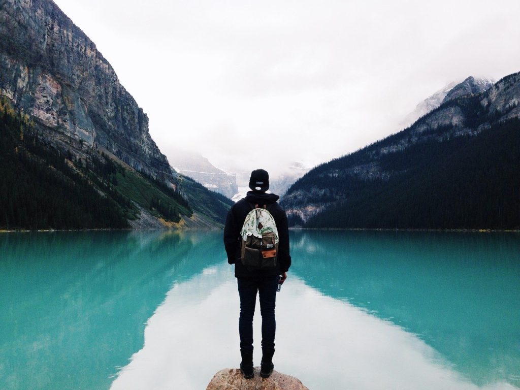 person, mountain lake, reflection